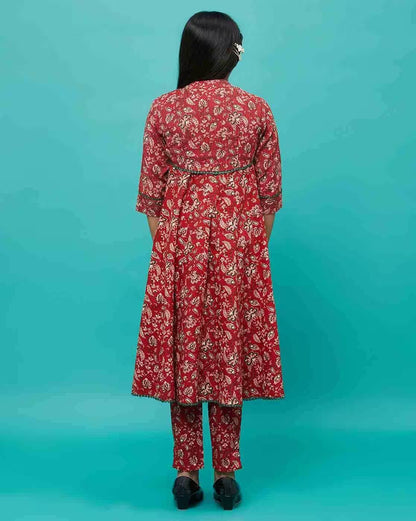 Flare Kurta with PomPom, Waist Coat & Bottom - 3 Pc Set
