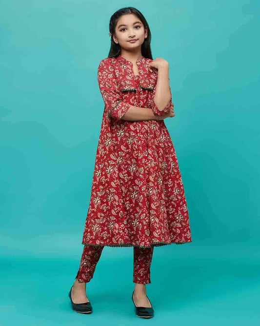 Flare Kurta with PomPom, Waist Coat & Bottom - 3 Pc Set