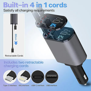 4 in 1 Retractable cables 2 Type C and iOS Fast Charging Car Phone Charger™